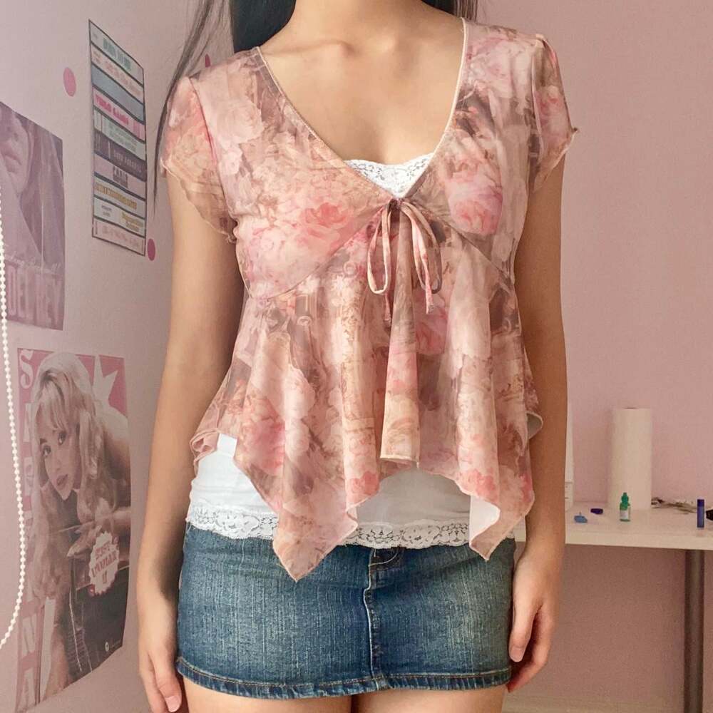 y2k pink floral fairycore top with bow, from eclipse